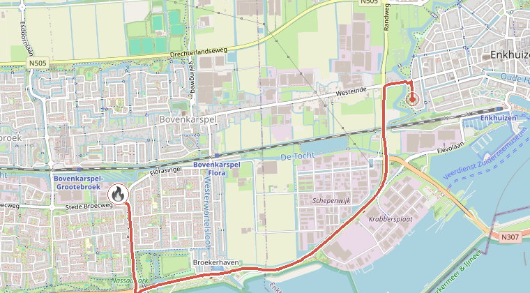 Kaart van de omgeving van de melding, met de kazerne die is gealarmeerd