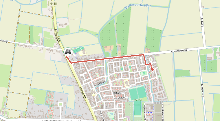 Kaart van de omgeving van de melding, met de kazerne die is gealarmeerd