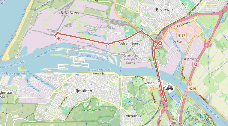 Kaart van de omgeving van de melding, met de kazerne die is gealarmeerd