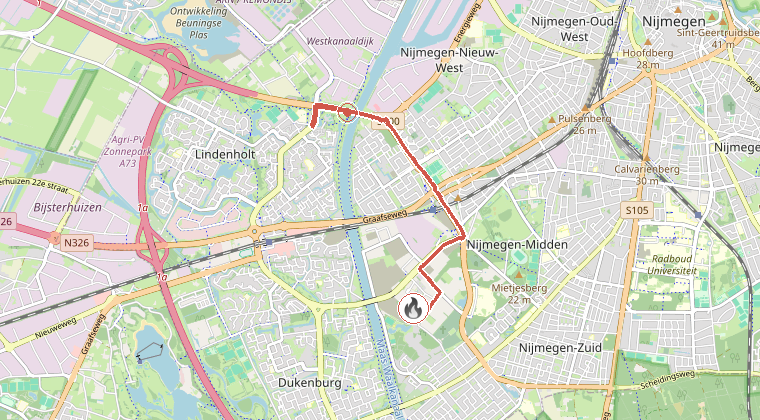 Kaart van de omgeving van de melding, met de kazerne die is gealarmeerd