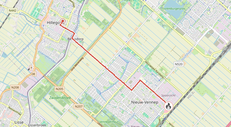Kaart van de omgeving van de melding, met de kazerne die is gealarmeerd