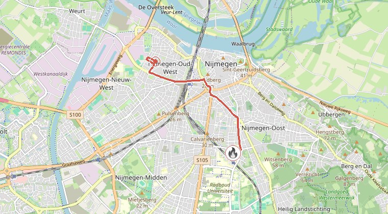 Kaart van de omgeving van de melding, met de kazerne die is gealarmeerd