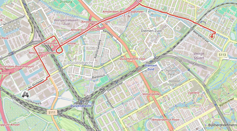 Kaart van de omgeving van de melding, met de kazerne die is gealarmeerd