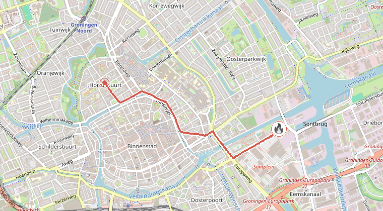 Kaart van de omgeving van de melding, met de kazerne die is gealarmeerd
