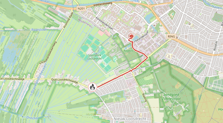 Kaart van de omgeving van de melding, met de kazerne die is gealarmeerd