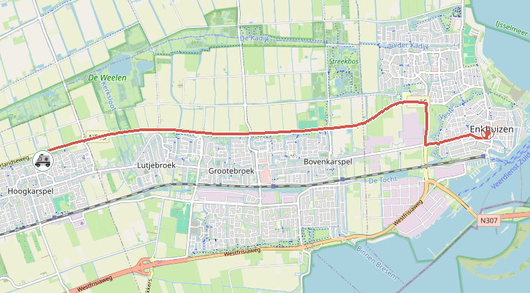 Kaart van de omgeving van de melding, met de kazerne die is gealarmeerd