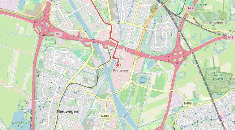 Kaart van de omgeving van de melding, met de kazerne die is gealarmeerd