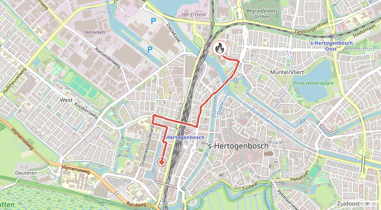 Kaart van de omgeving van de melding, met de kazerne die is gealarmeerd