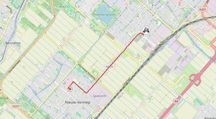 Kaart van de omgeving van de melding, met de kazerne die is gealarmeerd