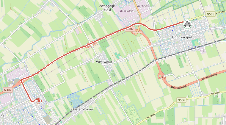 Kaart van de omgeving van de melding, met de kazerne die is gealarmeerd