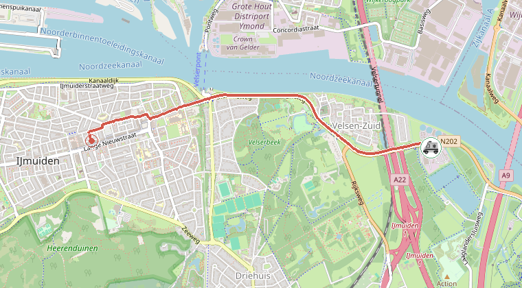 Kaart van de omgeving van de melding, met de kazerne die is gealarmeerd