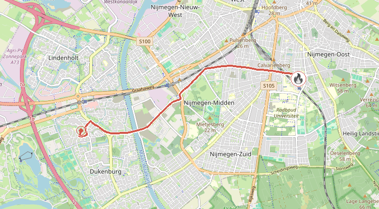 Kaart van de omgeving van de melding, met de kazerne die is gealarmeerd