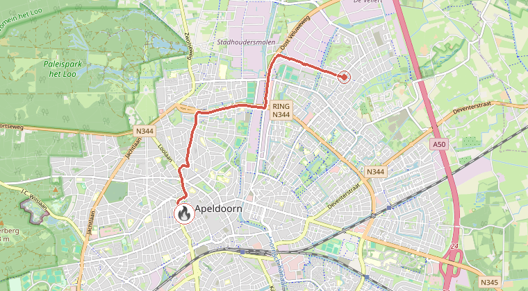 Kaart van de omgeving van de melding, met de kazerne die is gealarmeerd