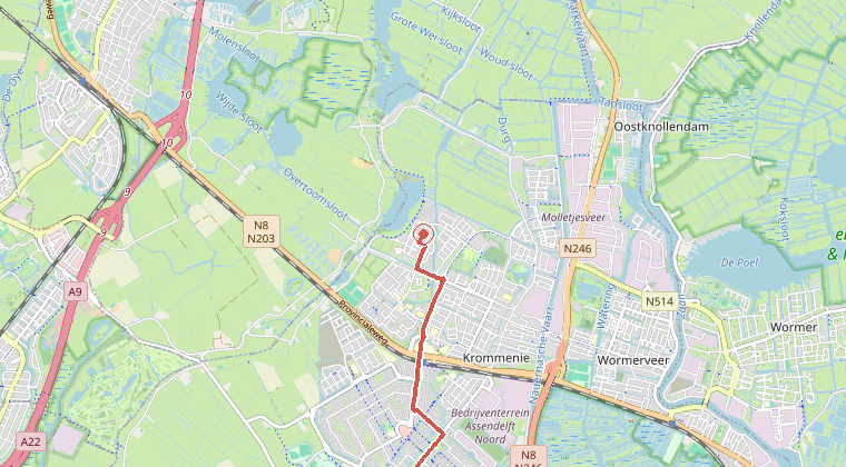 Kaart van de omgeving van de melding, met de kazerne die is gealarmeerd