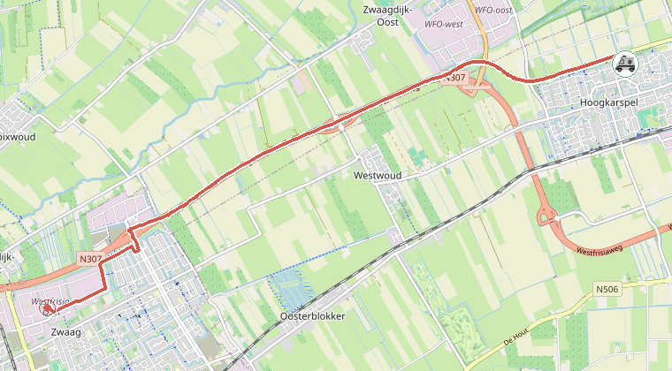Kaart van de omgeving van de melding, met de kazerne die is gealarmeerd