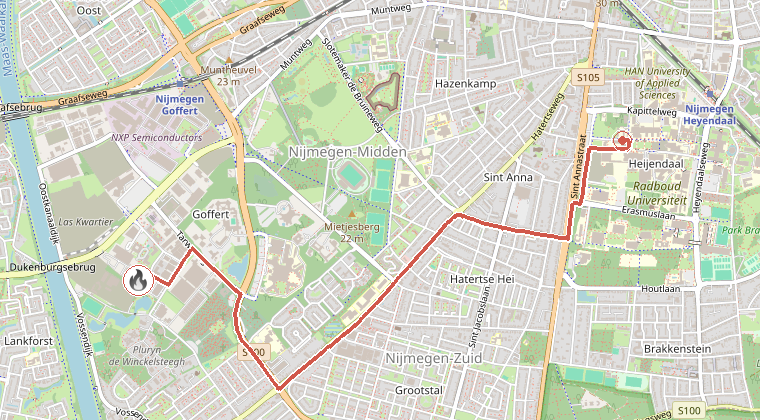Kaart van de omgeving van de melding, met de kazerne die is gealarmeerd