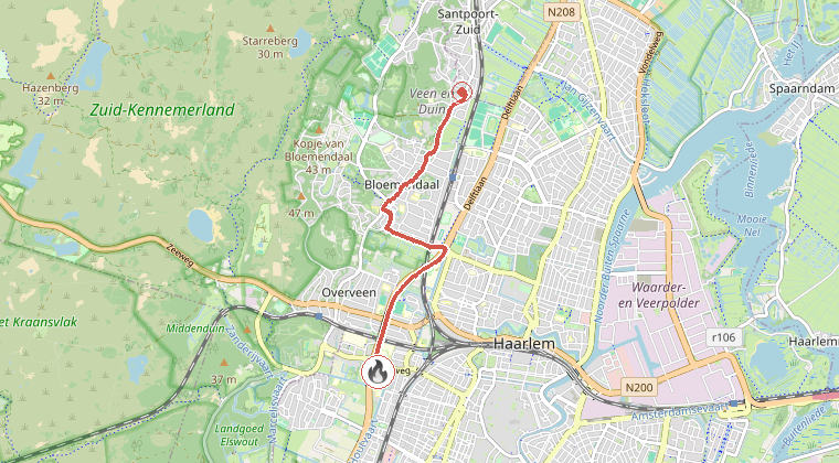 Kaart van de omgeving van de melding, met de kazerne die is gealarmeerd