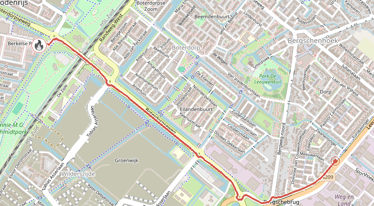 Kaart van de omgeving van de melding, met de kazerne die is gealarmeerd