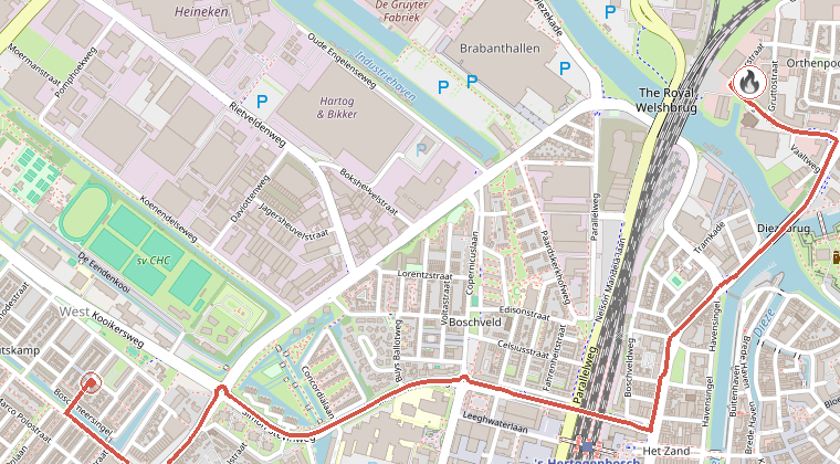 Kaart van de omgeving van de melding, met de kazerne die is gealarmeerd