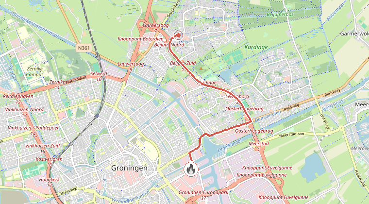 Kaart van de omgeving van de melding, met de kazerne die is gealarmeerd