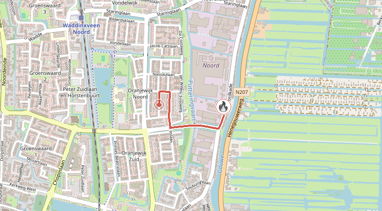 Kaart van de omgeving van de melding, met de kazerne die is gealarmeerd
