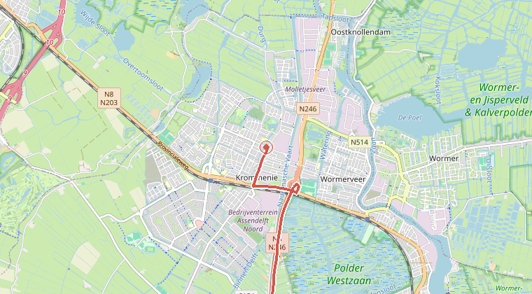 Kaart van de omgeving van de melding, met de kazerne die is gealarmeerd