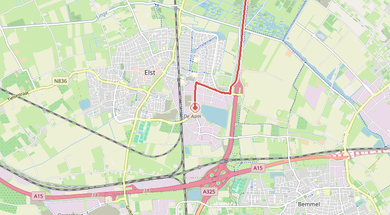 Kaart van de omgeving van de melding, met de kazerne die is gealarmeerd