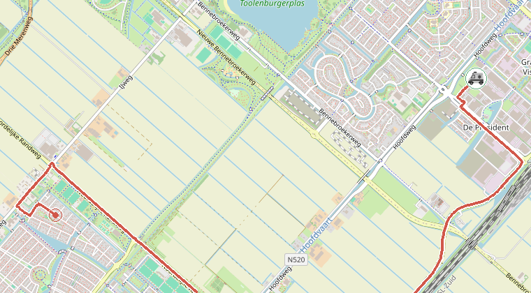 Kaart van de omgeving van de melding, met de kazerne die is gealarmeerd