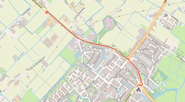 Kaart van de omgeving van de melding, met de kazerne die is gealarmeerd