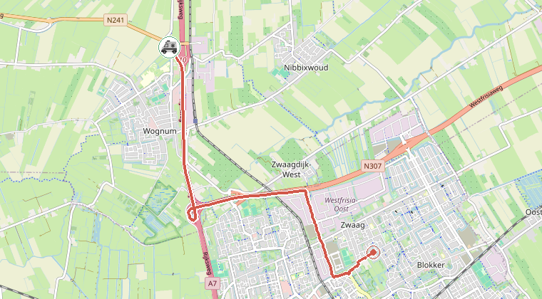 Kaart van de omgeving van de melding, met de kazerne die is gealarmeerd