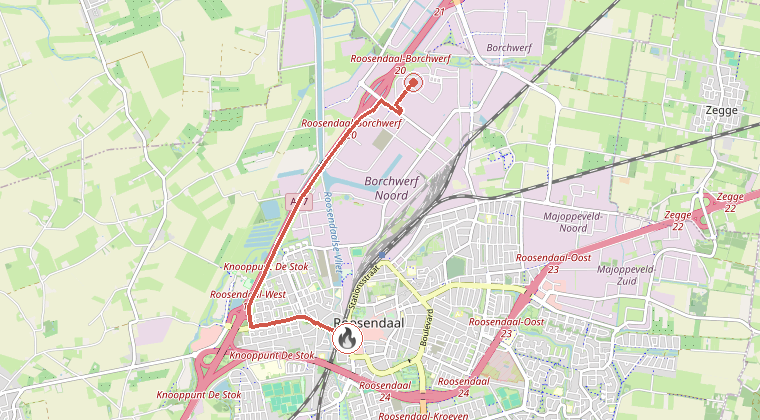 Kaart van de omgeving van de melding, met de kazerne die is gealarmeerd