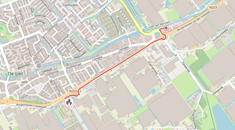 Kaart van de omgeving van de melding, met de kazerne die is gealarmeerd