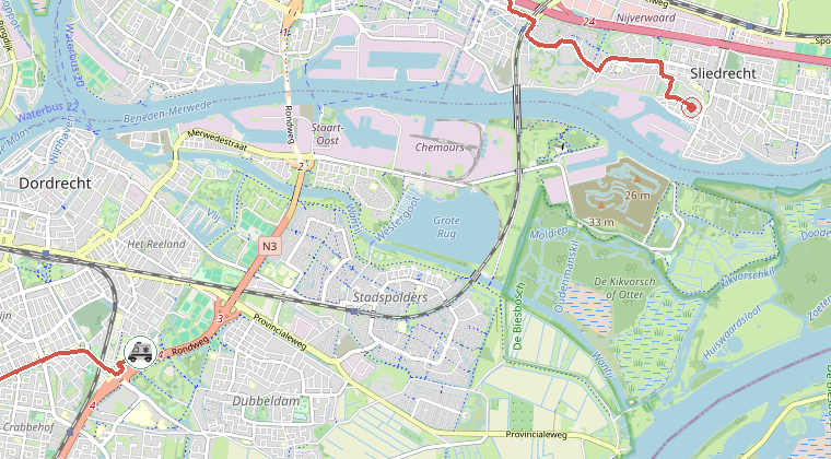 Kaart van de omgeving van de melding, met de kazerne die is gealarmeerd