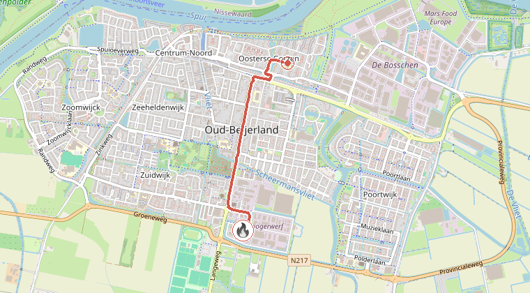 Kaart van de omgeving van de melding, met de kazerne die is gealarmeerd