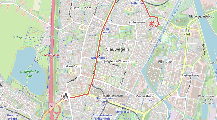 Kaart van de omgeving van de melding, met de kazerne die is gealarmeerd