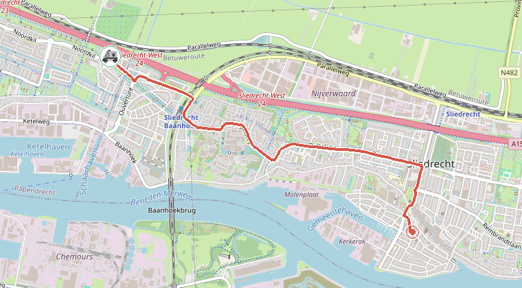 Kaart van de omgeving van de melding, met de kazerne die is gealarmeerd
