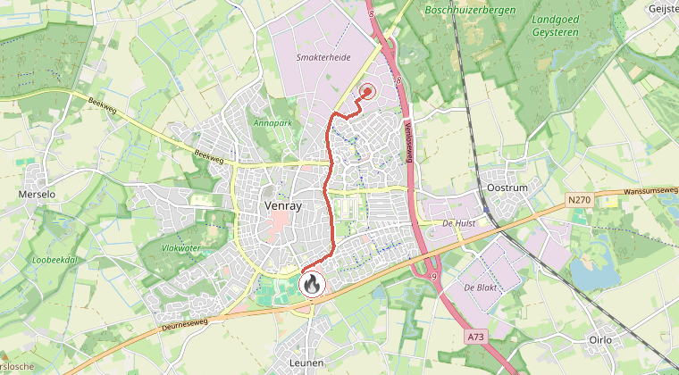 Kaart van de omgeving van de melding, met de kazerne die is gealarmeerd