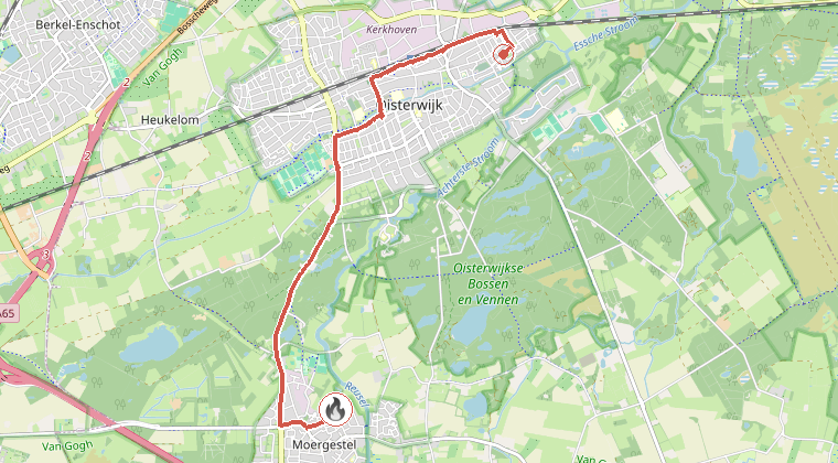 Kaart van de omgeving van de melding, met de kazerne die is gealarmeerd