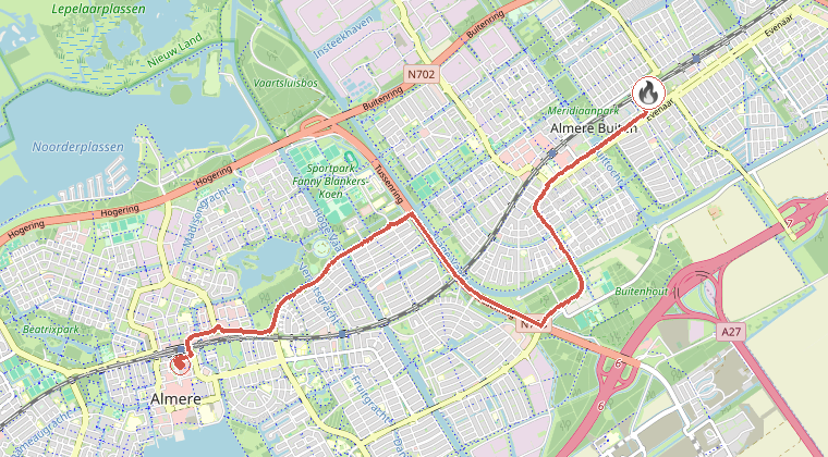 Kaart van de omgeving van de melding, met de kazerne die is gealarmeerd