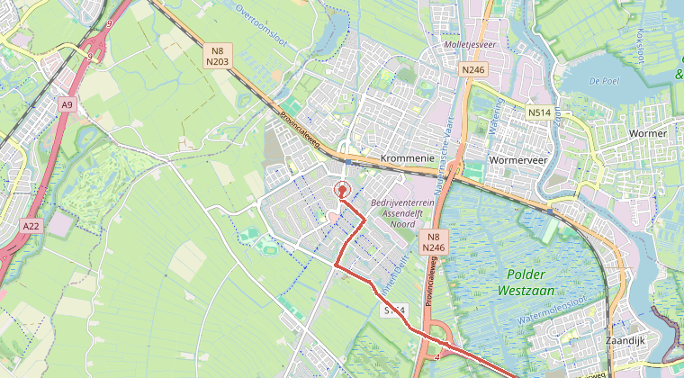 Kaart van de omgeving van de melding, met de kazerne die is gealarmeerd