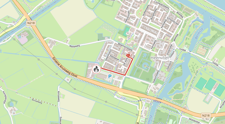 Kaart van de omgeving van de melding, met de kazerne die is gealarmeerd