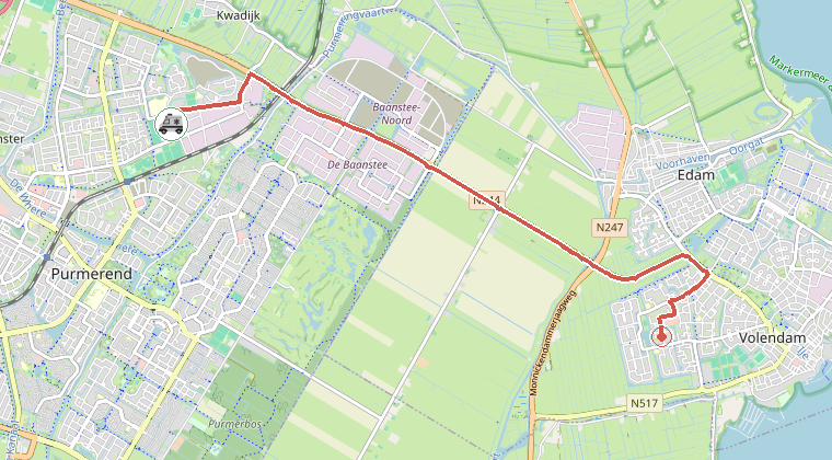Kaart van de omgeving van de melding, met de kazerne die is gealarmeerd