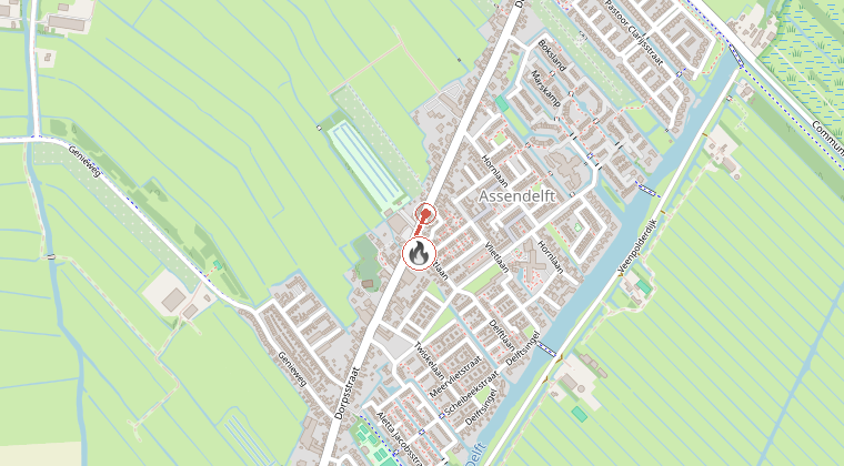 Kaart van de omgeving van de melding, met de kazerne die is gealarmeerd