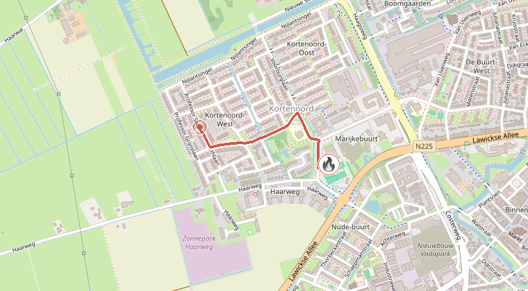 Kaart van de omgeving van de melding, met de kazerne die is gealarmeerd