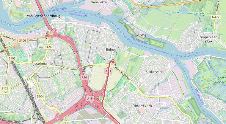 Kaart van de omgeving van de melding, met de kazerne die is gealarmeerd
