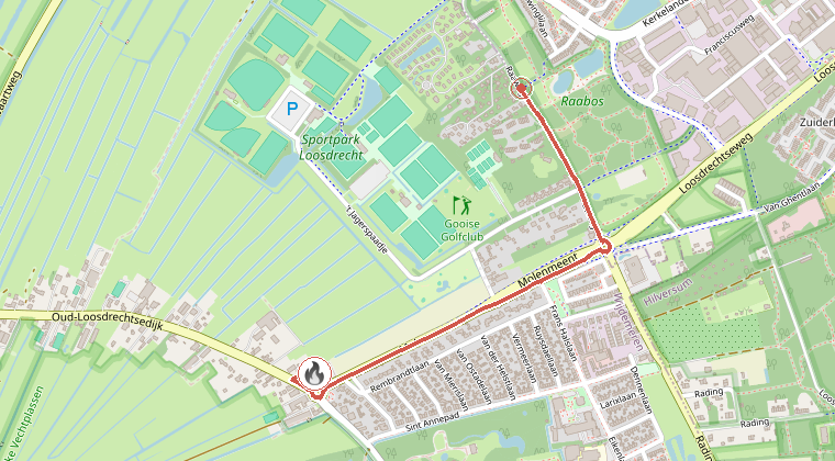 Kaart van de omgeving van de melding, met de kazerne die is gealarmeerd
