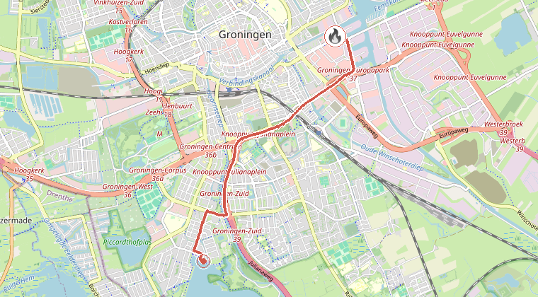 Kaart van de omgeving van de melding, met de kazerne die is gealarmeerd