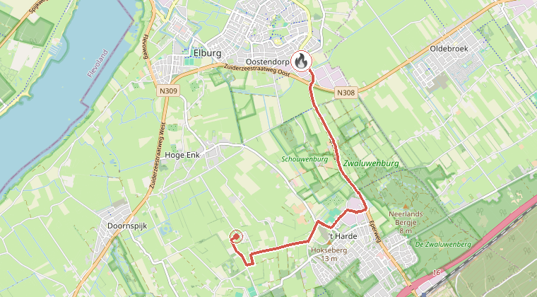 Kaart van de omgeving van de melding, met de kazerne die is gealarmeerd