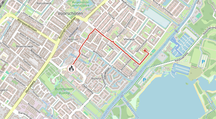 Kaart van de omgeving van de melding, met de kazerne die is gealarmeerd