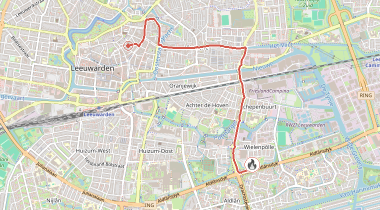 Kaart van de omgeving van de melding, met de kazerne die is gealarmeerd